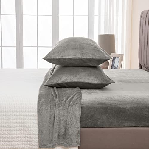 Great Bay Home Bed Linen Set, 4 Piece, Extra Soft Velvet Plush Queen Micro Fleece Sheet Set, Deluxe Microplush Non Pilling Sheets, Deep Pocket, Lavish Sherpa Velvet Luxe Collection, Queen, Grey