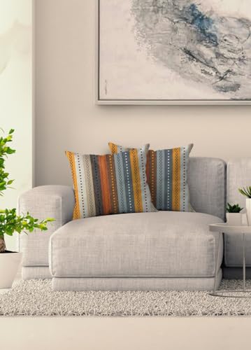 Knotting Home Cotton Salsa Stripe Cushion Cover Set of 2 24x24 inch Beige/Mustard Multicolour Large Square Throw Pillow Covers for Sofa Bed Room Living Room or Home Decor