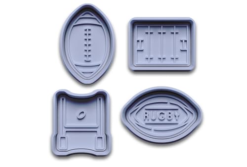 Rugby-Keksausstecher Set 4-teiliges Motiv-Set mit Rugby Ball, Tor, Feld und Ball mit Aufschrift "Rugby"