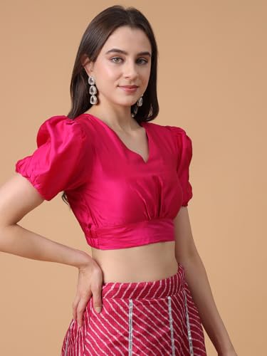 Image of Frolic Rolic Premium Silk V-Neck Blouse Readymade Saree Blouse - Designer Puff Sleeve Blouse for Wedding