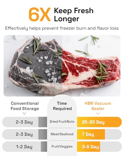 Image of HBN Food Vacuum Sealer Machine, 70kPa Automatic Sealer for Dry & Moist Food, Hands-Free Lid, Stainless Steel, External Cutter & Bag Storage, Includes 1 Roll & 20 Bags