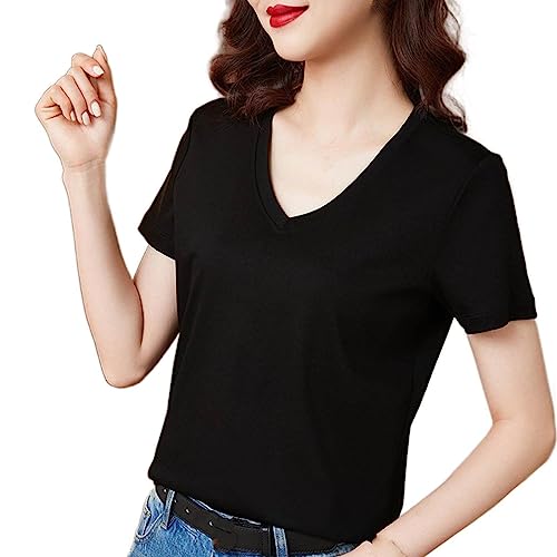 T-shirt col en V pour femme en coton noir haut d'été basique et fluide