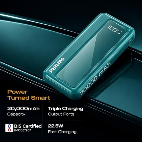 Image of Philips 20000mAh 22.5W Fast Charging Power Bank (Deep Cyan) with Digital LED Display | Type-C & USB-A Input /Output | 3 Output Ports | Lithium Polymer | Portable for Mobile, Tablet & Earbuds