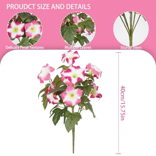 Image of Artificial Flowers for Outdoors, Faux Petunias Spring Summer Decoration, Fake Flowers Plants UV Resistant Look Real Silk Flowers for Outside Planter Front Door Porch Patio Yard (6, Pink-White)