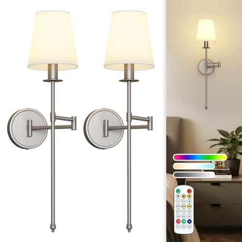 Image of Joosenhouse Battery Operated Wall Sconces Set of 2, 24.8 Inch Brushed Nickel Wireless Dimmable Wall Lamp with Remote Control, Easy Install Wireless Lighting for Bedroom, Living Room, Hallway