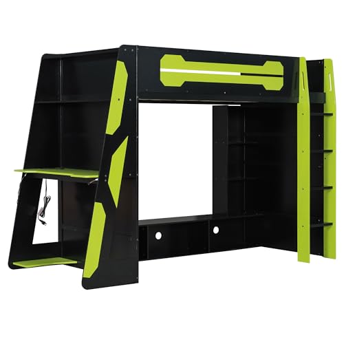 Image of Harper & Bright Designs Twin Size Wood Loft Bed with Desk and Multi-Storage Shelves, Wooden Gaming Loft Bed Frame with RGB Light, Space-Saving Bed with Safety Guardrail, Green
