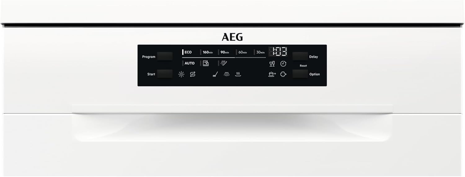 AEG Lavavajillas de 60 cm, FFB64607ZW, 13 cubiertos, Motor Inverter, Libre Instalación, Display LCD 8 Programas, 4 Temperaturas, AirDry Extrahigiene, Serie 6000 SatelliteClean, Blanco