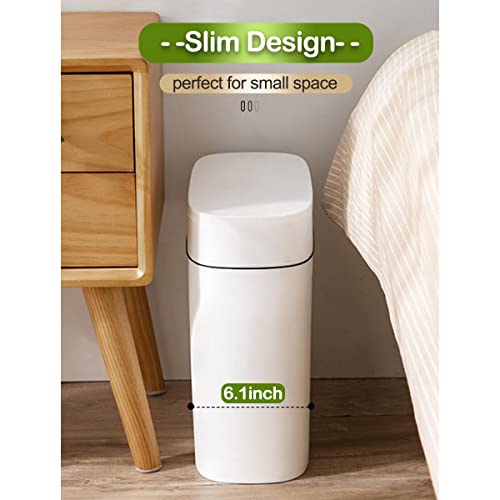 Comodid 14 Litre Trash Can With Press Top Lid, 3.7 Gallons Plastic Garbage Bin, Slim Wastebasket For Bathroom, Kitchen, Toilet, Office, Room, Bedroom, White Lid Without Brush #TOP1