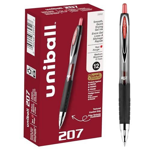 Image of uni-ball 207 Retractable Fraud Prevention Gel Pens, Medium Point, 0.7 mm, Black Barrels, Red Ink, Pack of 12