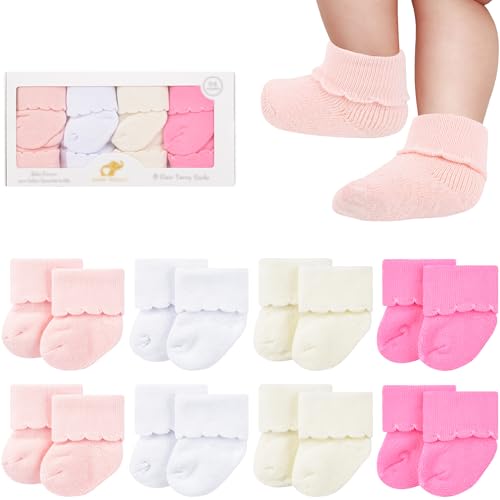 8 Pairs Newborn Socks Thick Cotton Terry Turn Cuff Baby Socks 0-6 Months Cute Gifts for Preemie Infant Girl Boy