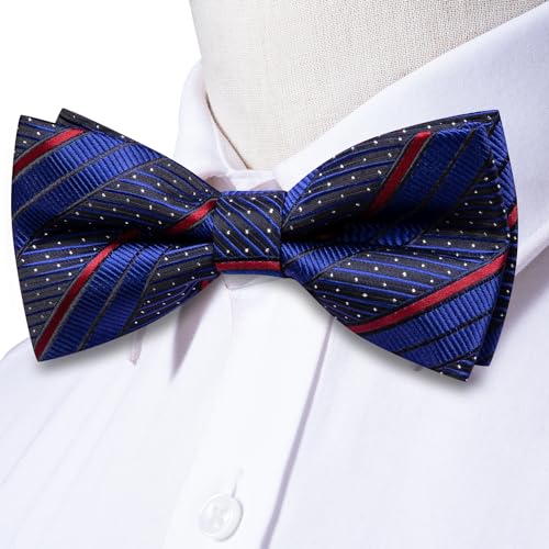 Image of Hi-Tie Navy Blue Red Pre-Tied Bowties for Men Silk Clip On Strip Mens Bowtie Pocket Square Cufflinks Set for Wedding Party