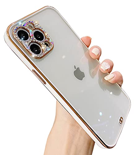 KERZZIL Clear Compatible with iPhone 12 Pro Max 3D Diamond Case, Luxury Sparkle Bling Glitter Rhinestone Gold Plated Slim Fit Transparent Soft Flexible TPU Silicone Protective Cases 6.7 Inch (White)