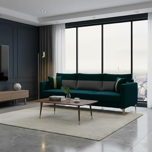 Image of FURNY Cassol 3 Seater Fabric Sofa Set (Light Grey-Greenish Teal) Premium Velvet Finish | Durable Comfort | Ideal for Living Room