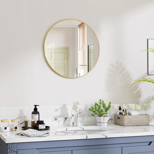 Image of VooBang Gold Round Bathroom Mirror, 20 inch Circle Wall Mounted Hanging Mirror with Simple Modern Circular Metal Frame for Hallway, Entryway, Living Room, Gold Frame