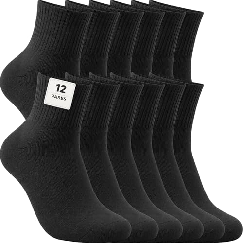 12 Pares Calcetines Deportivos Hombre Mujer – Pack Calcetines Media Caña Unisex para Running, Gimnasio, Tenis, Trabajo, Uso Diario – 85 % Algodón (FR/ES, Números, 40, 46, Regular, Regular, Negro)