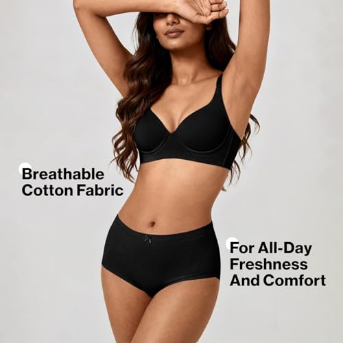 Image of NYKD Cotton Anti-Microbial Panties for Women, Seamless, High Rise, Full Brief, Stretch Full Rear Coverage with Inner Elastic Panty (Combo Pack of 3) Full Brief, NYP104, All Black, M, 3N