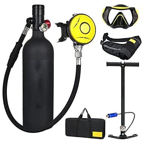 Mini Scuba 1L Tank Diving Tank Equipment with Full Face Diving Mask, Mini Scuba Cylinder High Pressure Air Pump with 15-20 Minutes Scuba Tank Refill Adapter for Underwater Diving Breath Training Cover