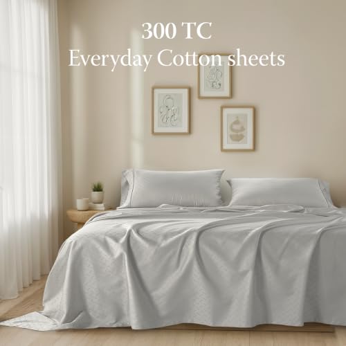 Image of Threadmill 300TC Cotton Queen Sheet Set, Sateen, Jacquard, Light Grey | 100% Cotton, Sateen Weave, Jacquard Pattern, 4-Piece Set, 16 inch Deep Pocket, Cooling, OEKO-TEX Certified, Machine Washable