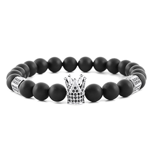 POSHFEEL 8mm Black Onyx Stone Micro Pave CZ Zirconia King Crown Charm Stretch Bracelet for Men, 7.5