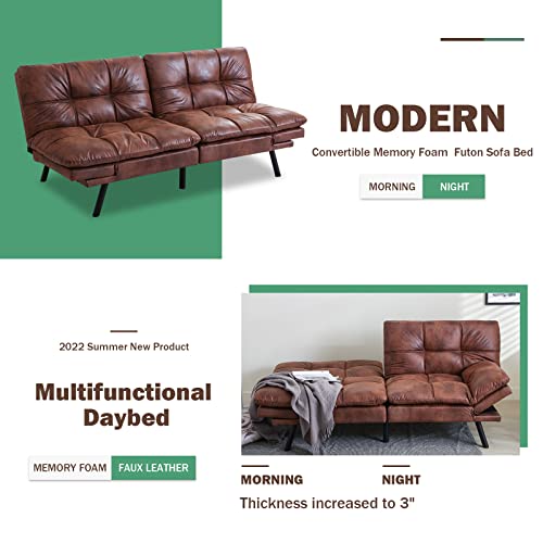 Opoiar Futon Sofa Bed,Lounge Memory Foam Sleeper Couch Room,Convertible Loveseat For Compact Living Spaces Studio Apartment,Dorm,Home Office,71"-Brown-Faux Leather-Thicker Versio, 713331.5 #TOP5