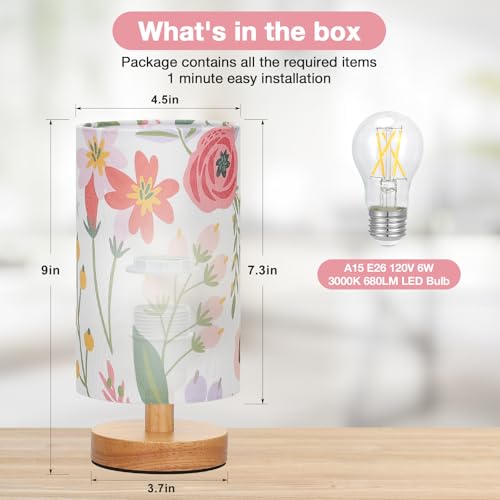 Image of Fenmzee Floral Table Lamp for Bedroom - Inline Control, Small Bedside Lamp with 3000K A15 LED Blub, Easy Assembly (Floral White Shade, 9 inch Inline Control)