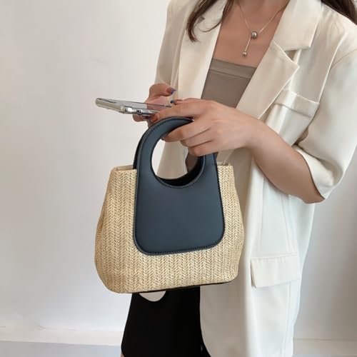 Bolso tote retro de paja para mujer, bolso de mano tejido con bloques de color, bolso grande con asas superiores y bandolera para primavera y verano miniatura 3