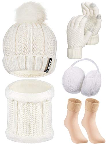 HICARER Set di Cappello Sciarpa Guanti Paraorecchie Calze da 5 Pezzi (Bianco)