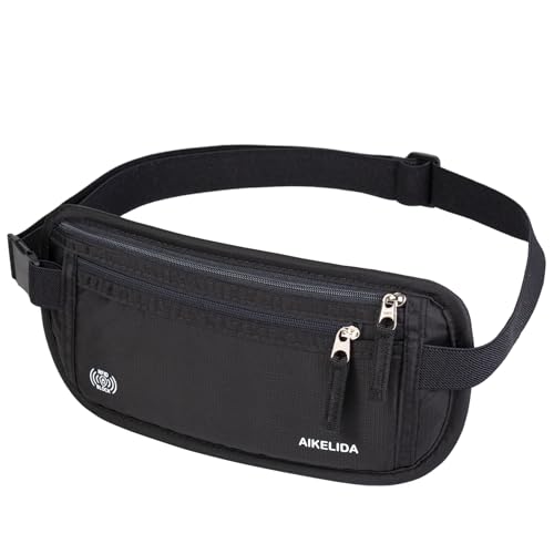 Image of RFID Blocking Money Belt - Passport Holder & Travel Wallet, Slim Hidden Fanny Packs for Women Men - Black