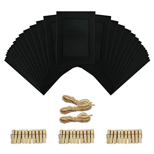 Aosilon Moldura para fotos de papel 30 peças moldura de imagem de papel Kraft de 4 x 6 polegadas com mini pinças para roupa e fio de juta (preto)