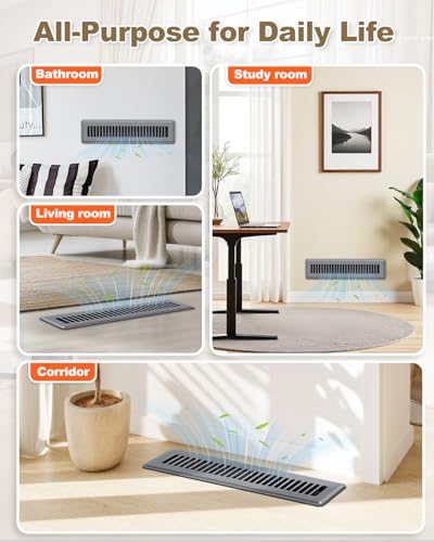Image of 2 x 14 Floor Register, Gray Vent Covers for Home Floor, Anti-Rust Coated Metal Surfaces with Adjustable Airflow Control Lever, Ideal for HVAC Systems, Living Room & Bedroom Floor Vents - 4 Pack