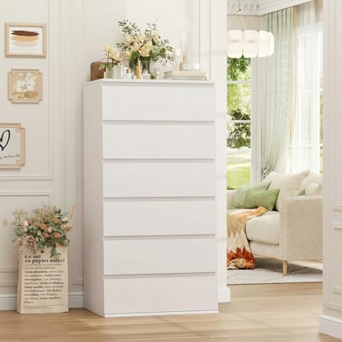 FOTOSOK White Dresser, 6 Drawer Dresser, Modern Tall...