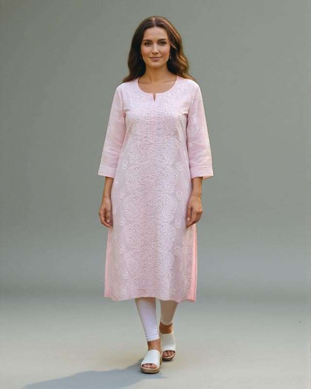 Image of Eddika Women's Cotton Teri Voil Hand-Embroidered Chikankari Kurta | Elegant Lucknowi Style Ethnic Wear