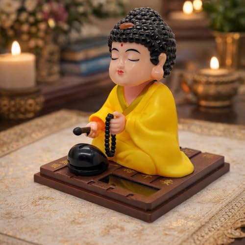 Image of Solar-Powered Moving Head Buddha Statue| Feng Shui Monk Figurine for Positive Energy, Peace & Prosperity | Shaking Head Buddha Idol for Car Dashboard, Home & Office Decor (Yellow)