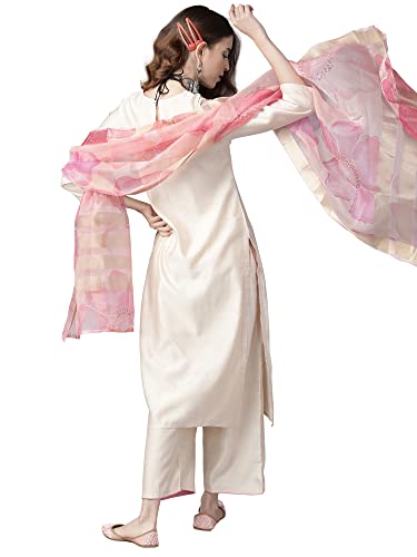 Image of INDO ERA Viscose Women's Liva Embroidered Straight A-Line Flared Kurta Palazzo With Dupatta Set(21Aaaaaaa1831)
