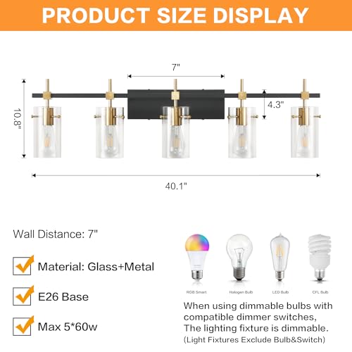 Image of SOLFART 40.1 inch Vintage Brass Bathroom Vanity Light fixtures Bathroom Wall Lights Over Mirror with Glass Shade 5 Light