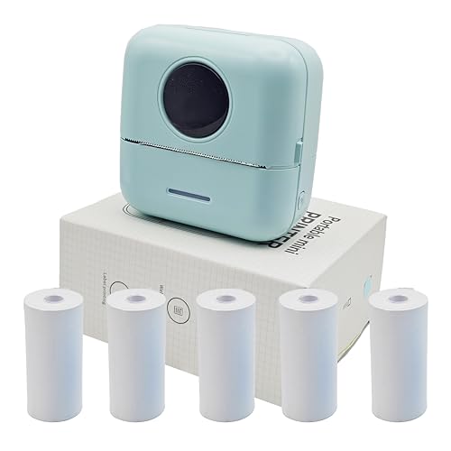 Image of Mini Portable Small Printer Paper Sticker Machine Mini Sticker Printer Study for Pictures Photos Compatible with Android and iOS Bluetooth with 5 Rolls Green