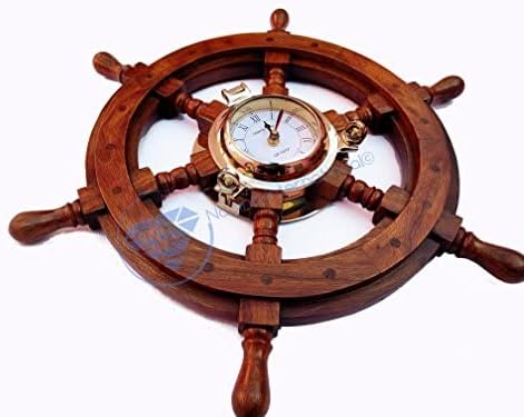 Miniatura 5 de Nagina International Rueda de barco marítima decorativa para el hogar con ojo de buey de latón, reloj de cuarzo, decoración del hogar pirata,