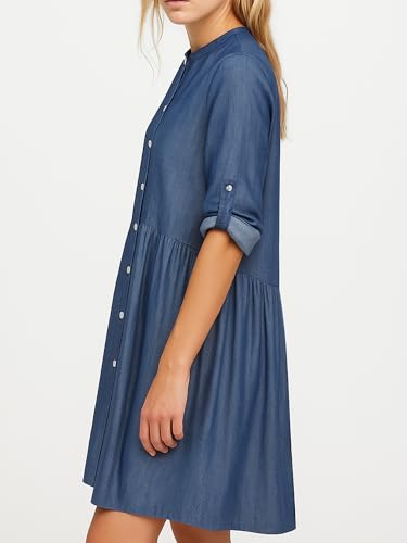 SUNNOW Women's Denim Button Front Mini Shirtdress Vintage Style Relaxed Fit Long Sleeve Dress2