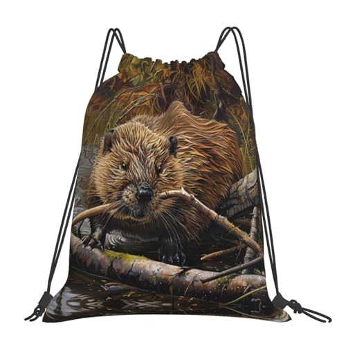 beaver working print casual drawstring backpack Gym Bag Sports, fitness, yoga, travel backpack Men Women, White