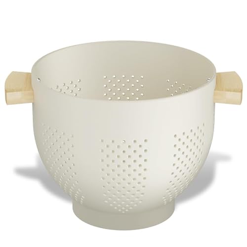 JYGMCO Colanders with Wood Handle - Kitchen Essential Metal Strainers & Colanders,Large Strainer Perfect for Pasta, Fruits, and More Food (Milky White 5.5 QT)