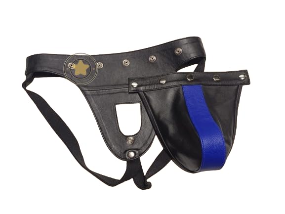 Men's Genuine Black & Blue Leather Jockstrap, Men Leather Thong, Cod-piece Jockstrap,BDSM Bondage Jockstrap2