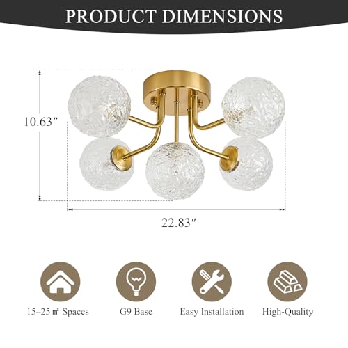 Image of Sputnik Semi Flush Mount Ceiling Light Mid Century Modern Gold Ceiling Light 5 Lights Clear Glass Globe Chandelier for Bedroom Kitchen Entryway Closet