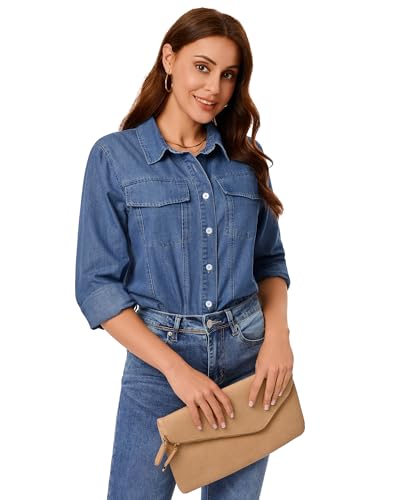 GRAPENT Denim Button Down Shirts for Women Long Sleeve Western Casual Lightweight Collared Pocket Jean Shirt Shacket Top4