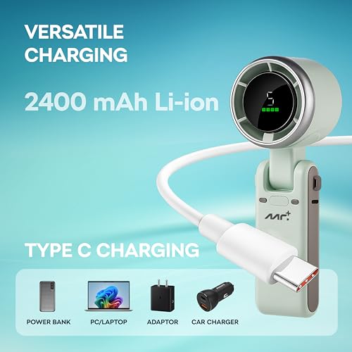 Image of Mr. Plus Rechargeable Handheld Fan, 2400mAh Battery Backup, 5 Speed Portable Mini Turbo Fan with LED Display, Type-C Fast Charging, 180 Adjustable Personal Fan for Travel, Home & Office