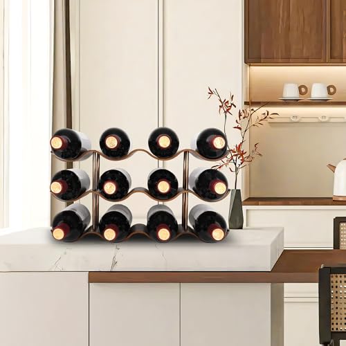 TRUDING Countertop Wine Rack - 12 Bottle Freestanding Wine Bottle Holder Stand - 3 Tier Wooden Wine Storage Rack - Walnut Wavy Wine Organizer for Cabinet Pantry Home Kitchen Bar