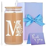 MAFYE Initial Glass Cups with Lids and Straws, Monogrammed Present for Women, 16oz Beer Glass Tumbler, Iced Coffee Mug, Personalized Present with Box and Card. Women's Day Birthday Present for Her