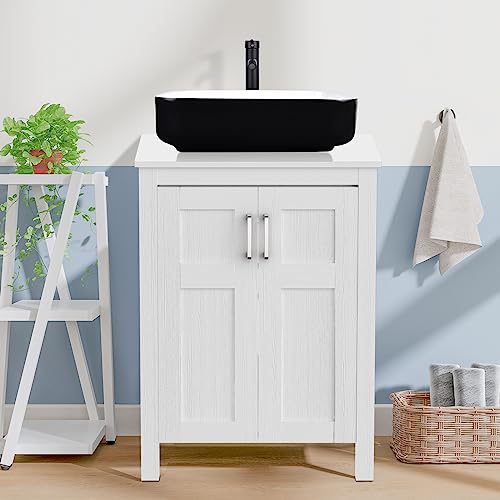 Yourlite 24" Bathroom Vanity And Black Rectangle Sink Combo Cabinet Countertop Vessel Sink Orb Faucet Drain White Vanities Set #TOP1