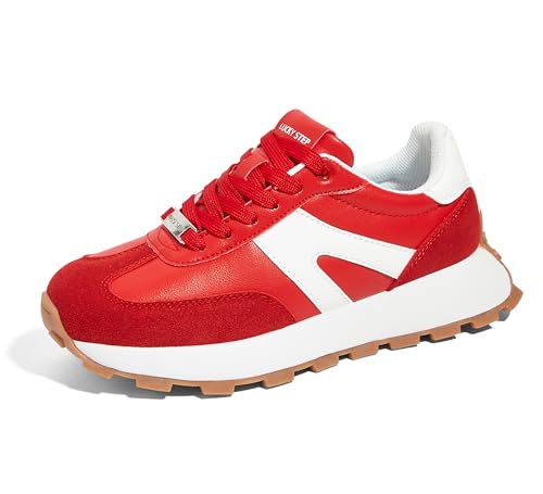 LUCKY STEP Women's Platform Fashion Sneakers Retro Classic Trainers Casual Lace-up Stylish Tennis Running Walking Shoes (Red,7.5 B(M) US)