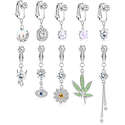 ADRAMATA 10Pcs Fake Belly Bars Surgical Steel Clip On Faux Belly Button Piercing Fake Pregnant Belly Belly Button Bars Silver Cover