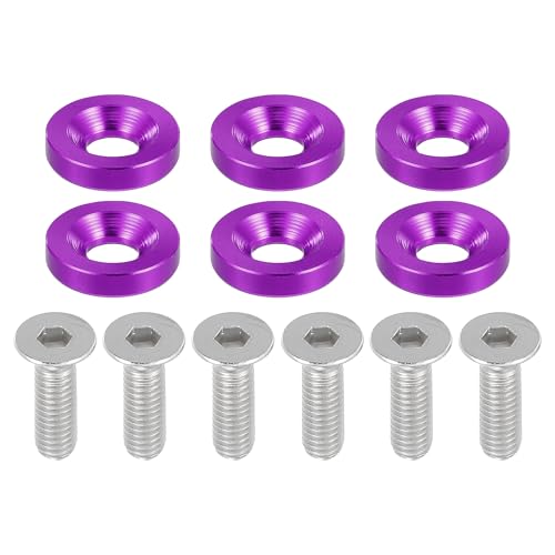 Motoforti Rondelles de finition universelles à tête fraisée pour pare-chocs, joints, vis, kit de fixation pour habillage du compartiment moteur pour moto, M6, en alliage d'aluminium, 6 pcs Violet